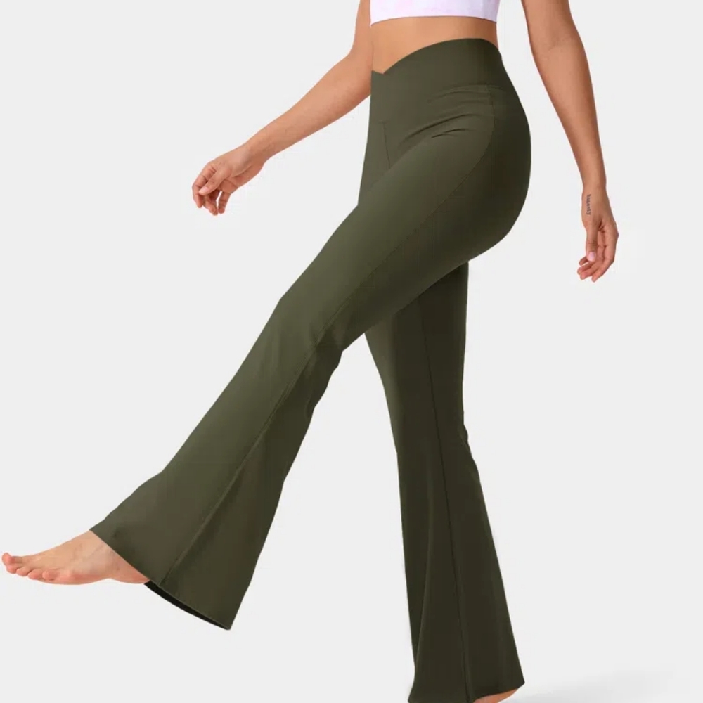 Zenana Cotton High Rise Waist Yogo Flare Olive Green Boot Cut Legging Size Large